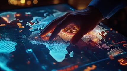 A hand interacts with a digital world map displayed on a touchscreen.