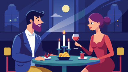Stylish Man and Woman Share Romantic Candlelit Dinner Under Moonlight in Retro Setting
