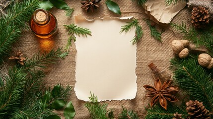 Pine essential oil in a glass bottle Branches of coniferous trees, Generative AI,