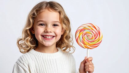 Smiling young girl holding colorful swirl lollipop in front of white background