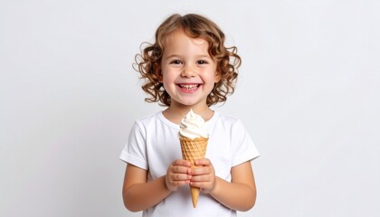 Smiling young girl holding vanilla ice cream cone against white background