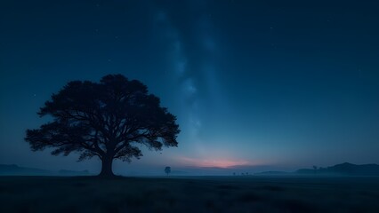 Starry night sky above countryside with oak tree silhouette, peaceful night scene for nature themes