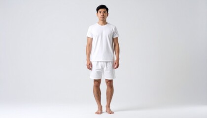 Full body portrait of man in plain white t-shirt and shorts standing barefoot on neutral background