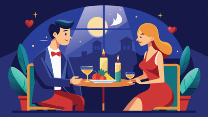 Romantic Dinner Illustration Couple by Candlelight with Wine, Fruit, and Moonlit Buildings View