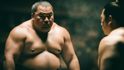 Close-up of sumo wrestler staring down opponent before bout