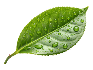  Green leaf with water droplets isolated on transparent background. Ideal for nature blogs, eco-friendly products and fresh concepts.