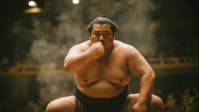 Sumo wrestler raising arms in power pose on the ring