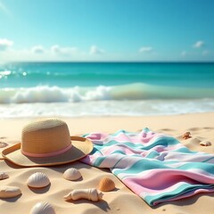 Striped beach towel on sand with hat.