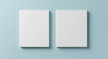 Fototapeta premium Blank book cover template on soft blue background . front and back view of magazine or hardcover book . ideas for cover design presentations and marketing.mockup