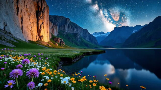 Stunning night landscape with a vibrant meadow of wildflowers and a calm lake reflecting the starry sky, perfect for nature and travel footage.