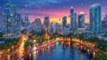 Fototapeta premium Dramatic City Sunset Rain Drops Window View
