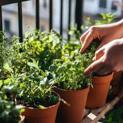 Hands tending herbs on balcony