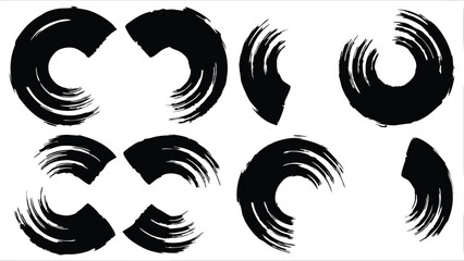 A collection of eight black brush stroke shapes arranged in a rectangular pattern on white background