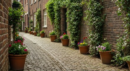 Charming Alleyway Lined With Potted Flowers and Green Vines in a Historic European City