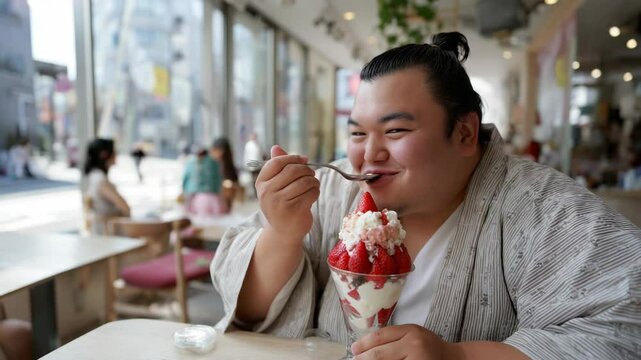 Sumo wrestler enjoying a strawberry parfait with delight