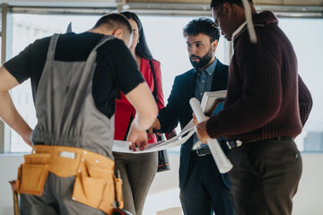 People from varying fields reviewing construction blueprints, showcasing teamwork, planning, and coordination, emphasizing workplace collaboration and project strategy in the construction industry.