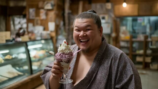 Cheerful sumo wrestler walking with a takeout parfait