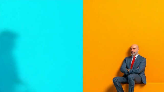 Confident Businessman in a Suit,Studio Shot Against a Vibrant Orange and Blue Background