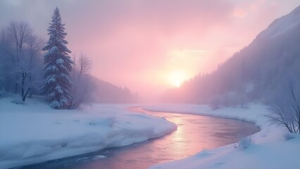 Frozen river winding through snowy valley at sunrise, tranquil winter landscape for seasonal backgrounds