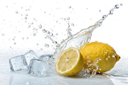 Fresh lemon slices splash into a glass of cold water, capturing healthy citrus refreshment - Powered by Adobe