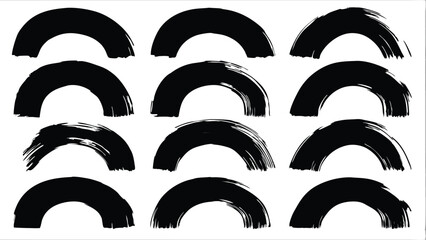 Twelve black brush stroke semicircles arranged in a grid pattern on a white background surface view