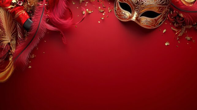 Masquerade Masks & Festive Feathers: Luxurious masks, adorned with gold and delicate feathers, evoke an air of mystery and elegance against a rich red backdrop.