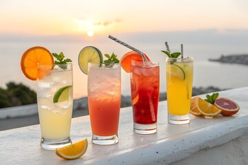 Here's your sentence:

A refreshing glass of cold orange and red fruit juice cocktail with ice on the beach