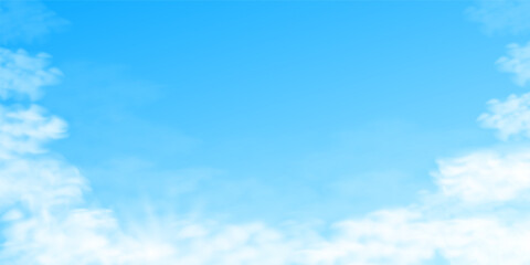 Blue sky with white fluffy Realistic Clouds. Clear summer weather background with copy space. 3D Cloudy daylight in winter. Nature spring sunrise, landscape. Soft fog effect for banner poster card