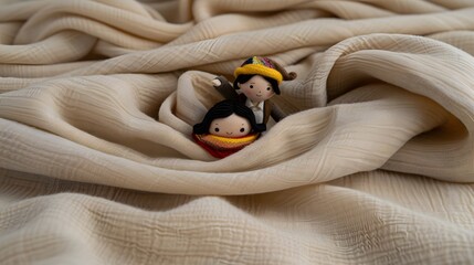 Cute handmade figurines sitting on soft textured fabric showcasing warmth and creativity