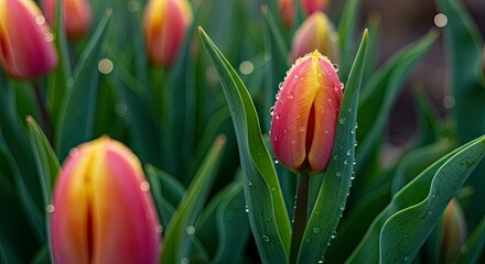 Close Up of Vibrant Red and Yellow Tulip with Water Drops on Green Leaves in Bright Sunlight