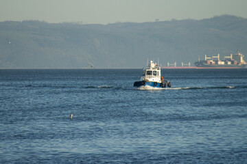 Industrial Strength: Tugboat Guiding Ships in Chilean Harbor