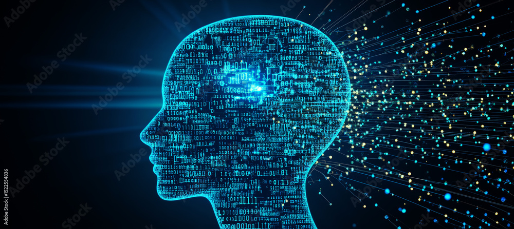 Poster abstract human head profile with binary code and circuit board background for artificial intelligenc