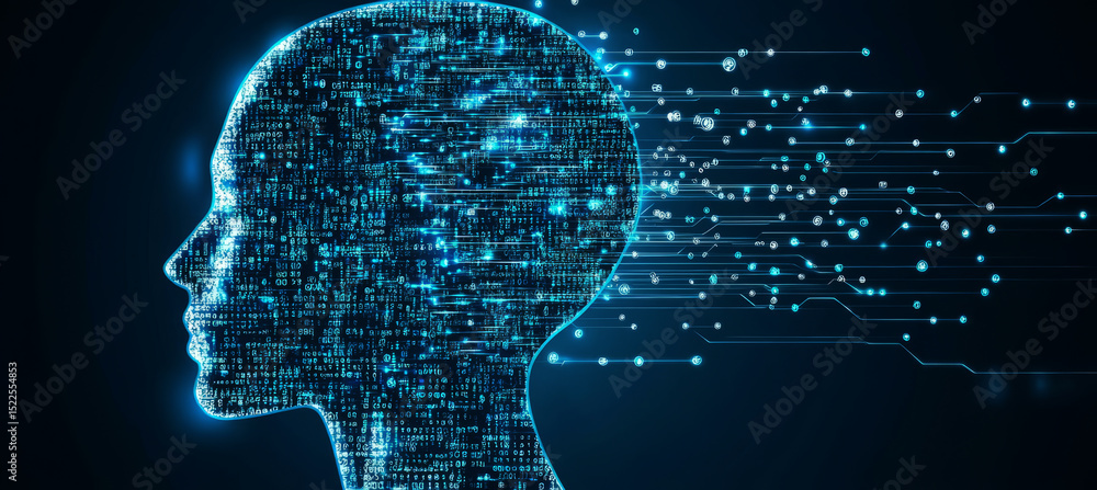 Poster abstract human head profile with binary code and circuit board background for artificial intelligenc
