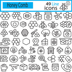 Bee Honey Comb 49 line icons, including bee, honey, Wax, nectar, and many more
