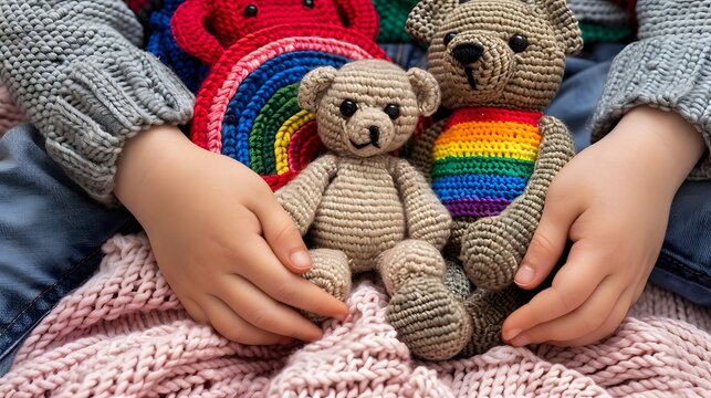 Child Holding Colorful Crochet Toys with Cozy Knit Blanket and Warm Smiles