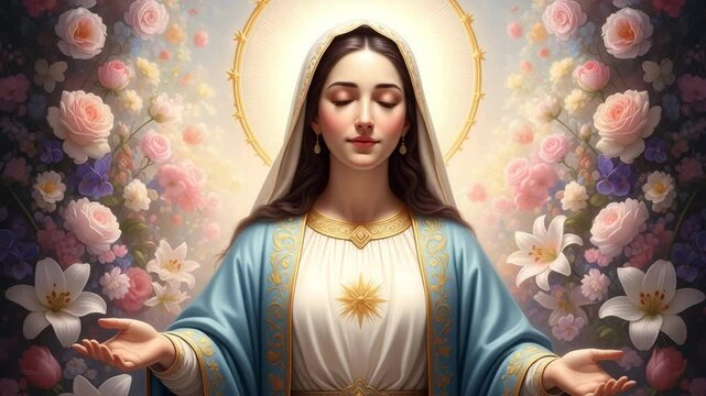 Holy Virgin surrounded by soft blooming flowers and radiant halo, symbol of purity, grace and divine love

