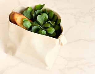 Salad and bread in a canvas bag on a marble surface