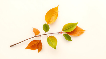 Autumn Branch with Green and Orange Leaves on White Background
