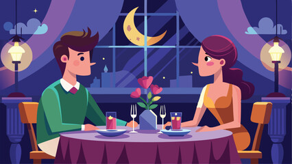 Cartoon Illustration Couple Dining by Moonlight, Flowers and Drinks, Romantic Evening Scene