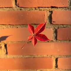 Vibrant Red Autumn Leaf Against a Brick Wall