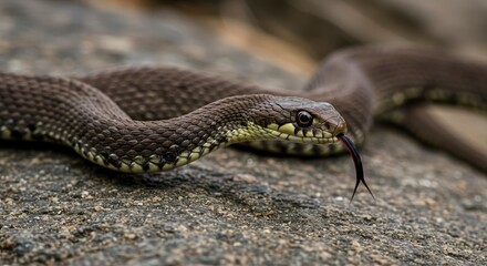 Closeup of a Dark Brown Snake on a Rocky Surface