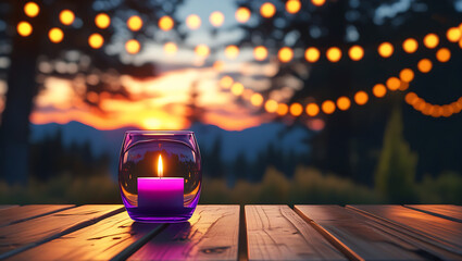 Romantic Candlelight Evening on Wooden Table with String Lights