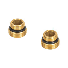 Two brass fittings accompanied by rubber rings set against a white background