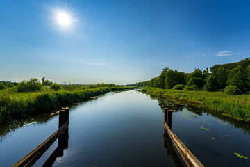 Listed wooden bascule bridge spanning the Trebel near Nehringen, Mecklenburg-Western Pomerania,...