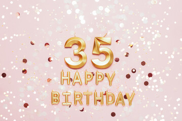 Number 35 thirty five golden celebration birthday candle on Festive Background. thirty five years birthday. concept of celebrating birthday, anniversary, important date, holiday