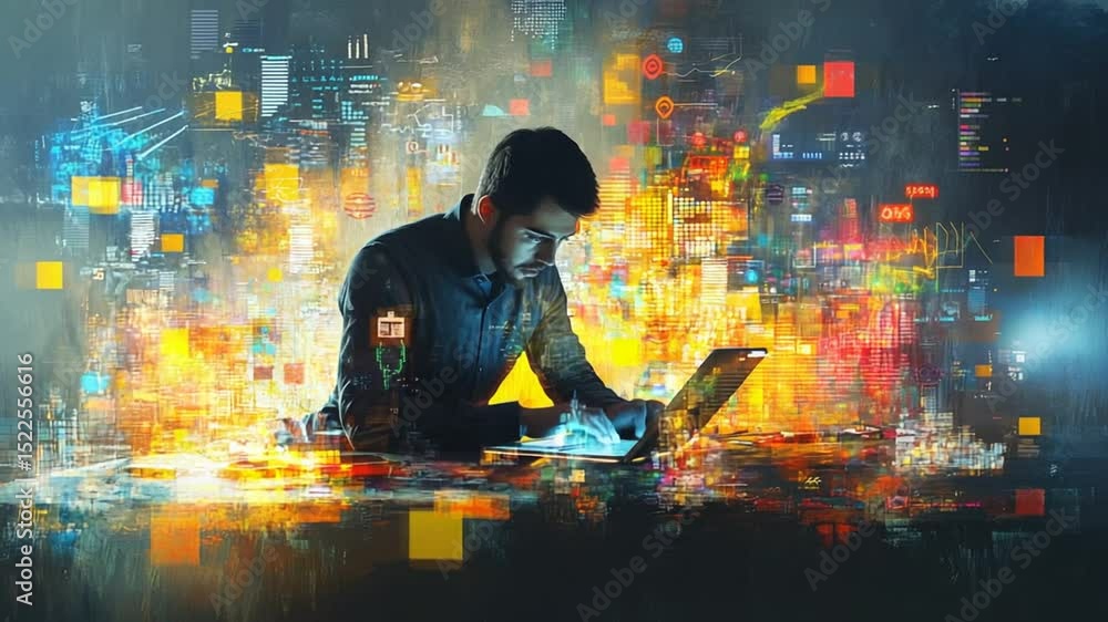 Poster focused programmer coding with vibrant digital interface overlay, futuristic workstation