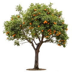 Lush orange tree bearing ripe fruit isolated against a clean white background