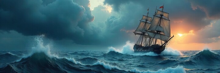 Obraz premium A majestic sailing ship battles a fierce storm at sea, embodying the raw, untamed power of elemental emotion , exploration, epic, struggle