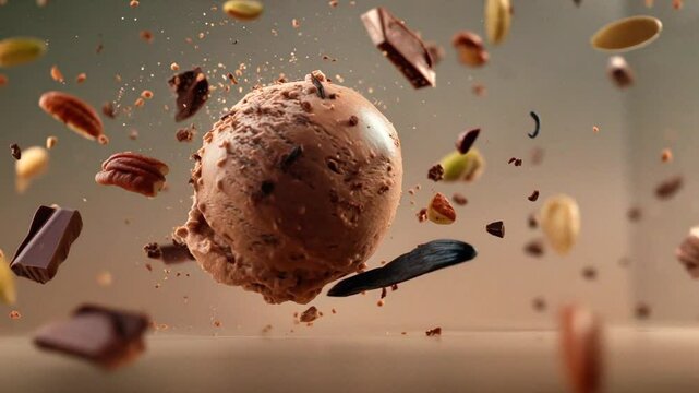 4k Floating Ice Cream Scoop with Berries, Chocolate,  Nuts, etc  in Slow Motion &ndash; Matrix-Style Freeze Frame