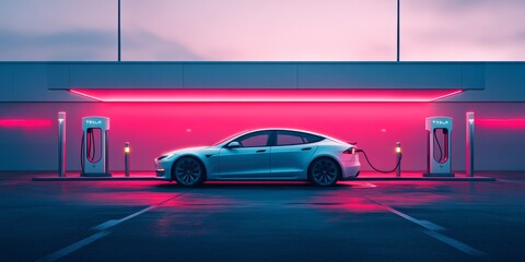 Fototapeta premium Electric car charging at futuristic station at dusk